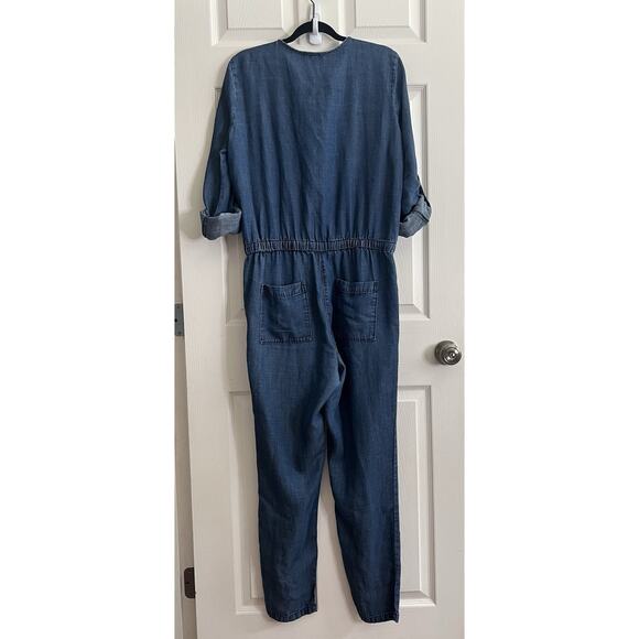 ANN TAYLOR LOFT Linen Blend Drawstring Waist Roll Tab Sleeve Denim Jumpsuit - Picture 10 of 14